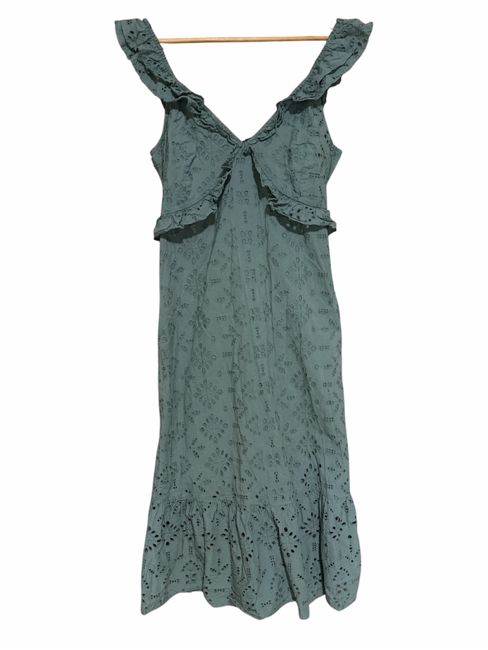 NEXT Sage Green Eyelet Ruffle Cotton Midi Dress  size 12